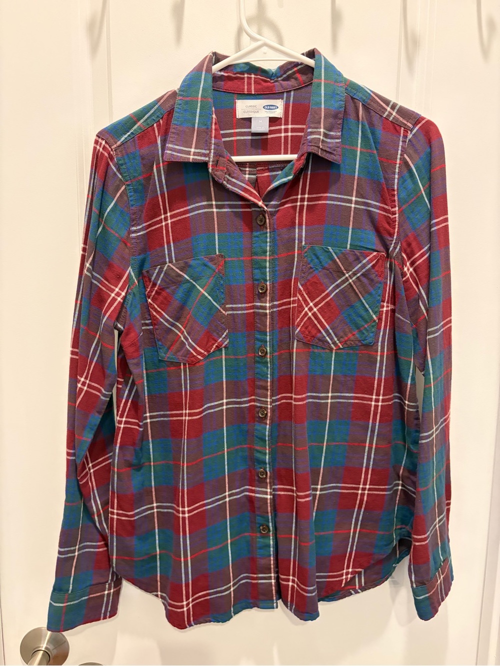 Old Navy Red and Teal Plaid Button-Down Shirt - Size Medium